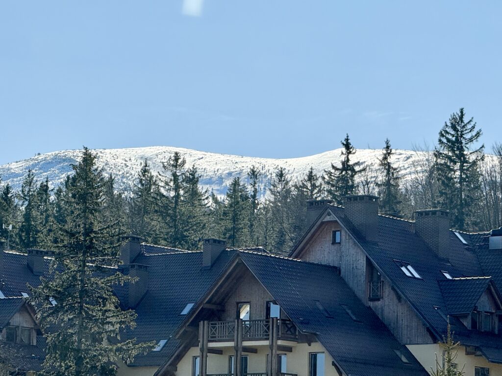 View of the snow-capped Karkonosze