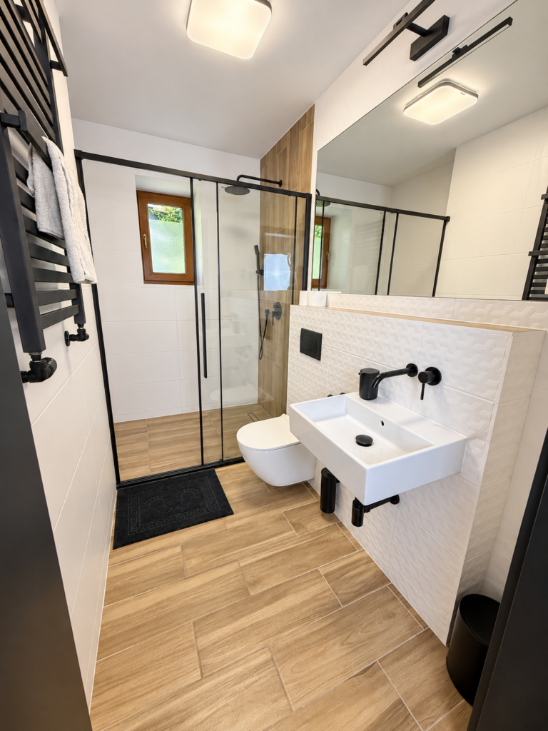Bad im Zimmer Kamieńczyk – Duschkabine und Waschbecken