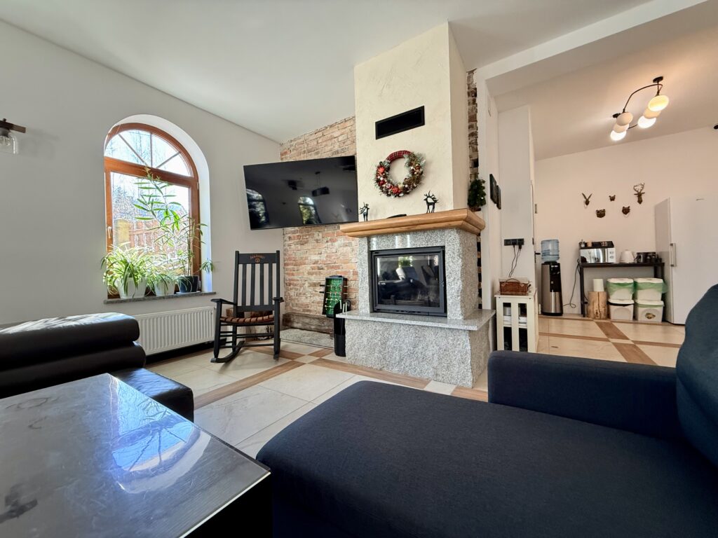 Lounge with fireplace, sofas and TV at Willa Górska Szrenicówka