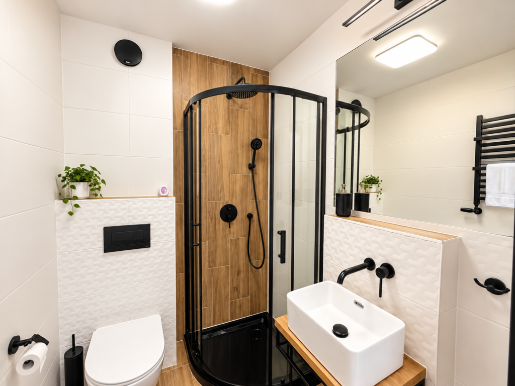 Bad im Zimmer Szrenica – Eckduschkabine und Waschbecken